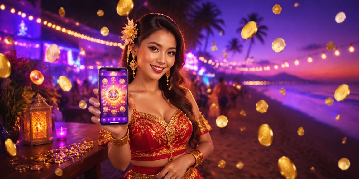 Pengguna memasang taruhan kasino melalui perangkat mobile di tepi pantai