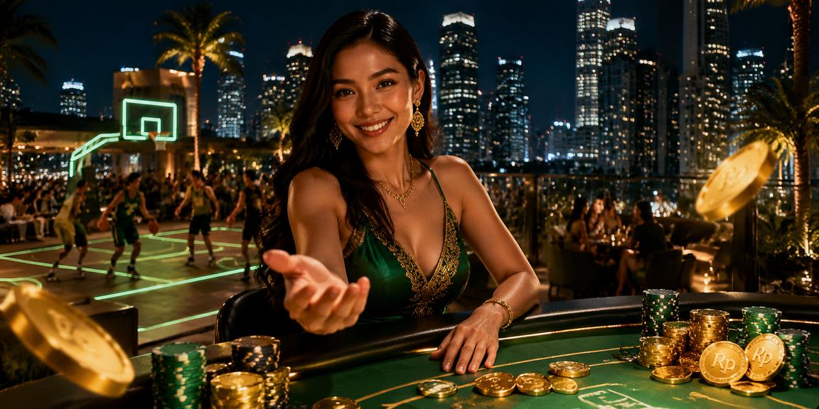 Model Vietnam antusias mengikuti taruhan basket dengan tampilan skor di latar belakang